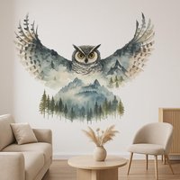 Eule Wandtattoo Aquarell, Wald Eulen Sticker, Natur Wanddeko, Tier Wandtattoo, Wohnzimmer Deko Eule, Wasserfarben Aufkleber von StickerArtStudioONE