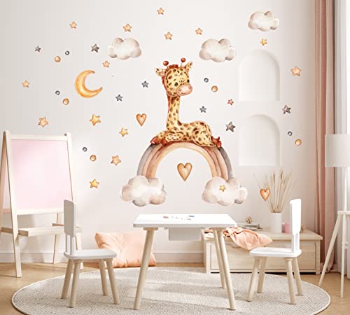 Giraffe auf dem Regenbogen mit Herz Sterne wolken Aquarell Wandtattoo für Kinderzimmer Babyzimmer Aufkleber Wandsticker K2028 (30cm(B) x20cm(H)) von AYMINOO