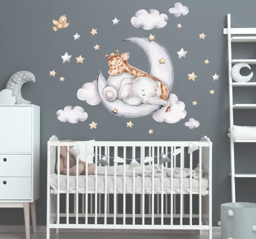 Giraffe mit Elefant auf dem Mond gute Freunde Sterne wolken Aquarell Wandtattoo für Kinderzimmer Aufkleber Wandsticker K1811 (60cm(B) x42cm(H)) von StickerMarket