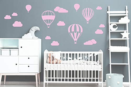 Heißluftballon mit WOLKEN SET 20 teilig Vinyl Wandtattoo Wandaufkleber Sticker Aufkleber Wand Himmel Baby (Set 2 Heißluftballon Pastellrosa) von StickerMarket