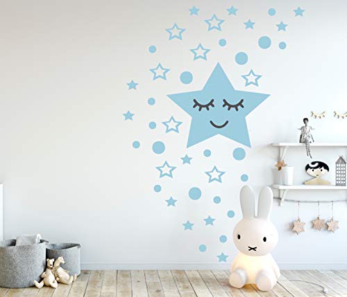 Sleepy Stern Set - 42 Teilig - Wandtattoo mit kreise Schlafender großer Stern wimper Wandsticker Star selbstklebende Deko Wandaufkleber (25cm Breite, Pastellblau) von StickerMarket