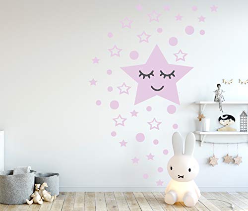 Sleepy Stern Set - 42 Teilig - Wandtattoo mit kreise Schlafender großer Stern wimper Wandsticker Star selbstklebende Deko Wandaufkleber (25cm Breite, Pastellrosa) von StickerMarket