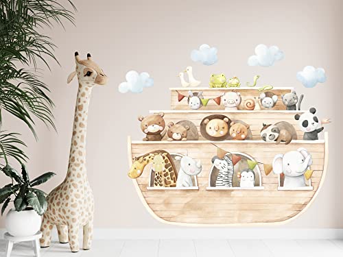 Wandtattoo Kinderzimmer Arche Noah Wilde süße Tiere Schiff Wolke Wandaufkleber Animals Art Noah Wall Sticker Watercolor K1803 (Vinyl, 80cm(B) x80cm(H)) von StickerMarket