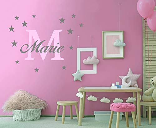 Wunschname Wandtattoo mit Sterne an der Wand Wandaufkleber Wandsticker DIY Kinderzimmer Babyzimmer (40cm / 60cm, Rosa-Grau) von StickerMarket