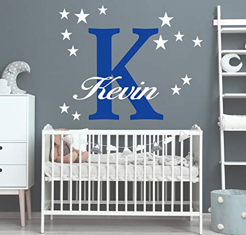 Wunschname Wandtattoo mit Sterne an der Wand Wandaufkleber Wandsticker DIY Kinderzimmer Babyzimmer (60cm / 90cm, Blau-Weiss) von StickerMarket