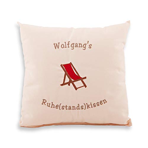 Ruhestand Kissen personalisiert mit Name 40 x 40 cm | Mit Ruhe(stands)kissen und Liegestuhl bestickt, Geschenkidee Kissen, knuddeliges Ruhestandskissen, individuell besticktes Kissen Pension von Stickerei Hartl