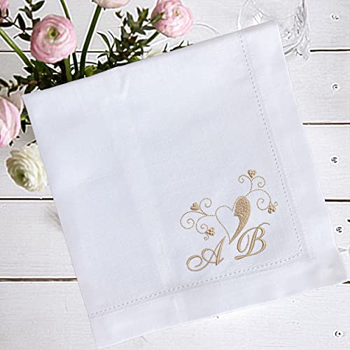 Stoffservietten Bestickt mit Monogramm und Herz, Valentinstag, Hochzeit, Servietten, 44x44cm, 100% Baumwolle, Servietten Bestickt, Servietten mit Monogramm (Glitzer Gold) von Stickerei Rein