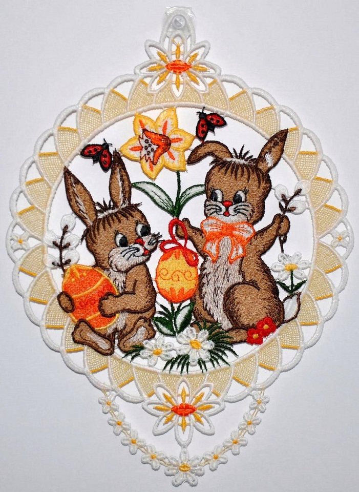 Stickereien Plauen Fensterbild Fensterbild Hasenpärchen, Echte Plauener Spitze von Stickereien Plauen