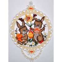 Stickereien Plauen Fensterbild "Fensterbild Hasenpärchen" Echte Plauener Spitze von Stickereien Plauen