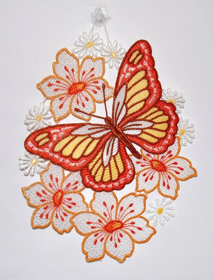 Stickereien Plauen Fensterbild Schmetterling auf Blume, Hakenaufhängung von Stickereien Plauen