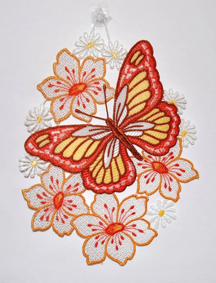 Stickereien Plauen Fensterbild Schmetterling auf Blume, Hakenaufhängung von Stickereien Plauen