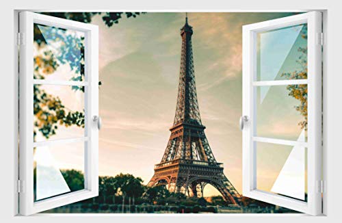 Skins4u Fenster 3D Optik Wandtattoo Wandbild Aufkleber 80x55cm Dekoration Bild Foto Tapete 80x55cm Motiv Paris Eiffelturm von Stickerkoenig