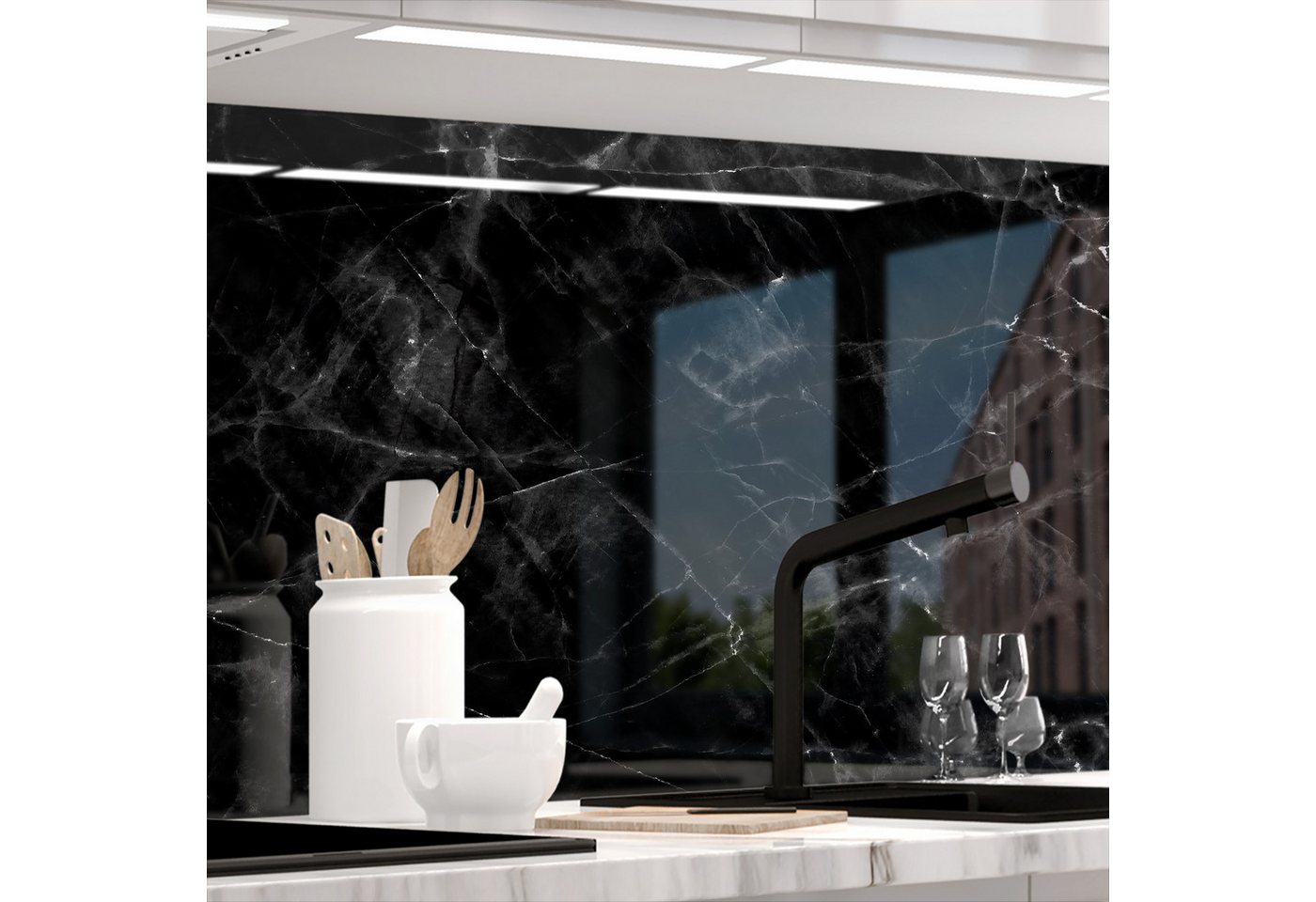 Stickerprofis Küchenrückwand MARMOR BLACK (Glasoptik), (Premium), 1,5mm, selbstklebend, hält auf besonders vielen Öberflächen von Stickerprofis