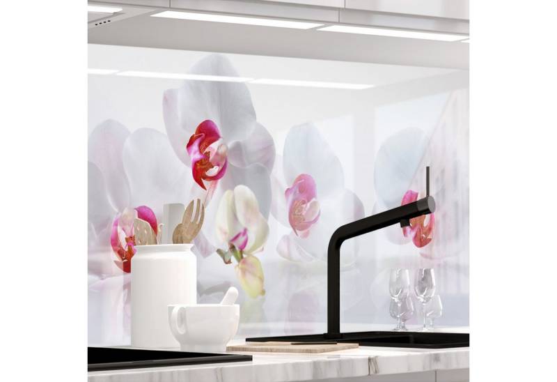 Stickerprofis Küchenrückwand ORCHIDEEN ENSEMBLE (Glasoptik), (Premium), 1,5mm, selbstklebend, hält auf besonders vielen Öberflächen von Stickerprofis