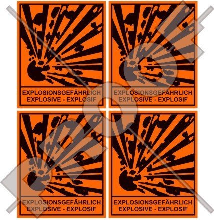 EXPLOSIONSGEFÄHRLICH EXPLOSIVE EXPLOSIF Sicherheits-Warnschild 50mm Auto & Motorrad Aufkleber, x4 Vinyl Sticker von StickersWorld