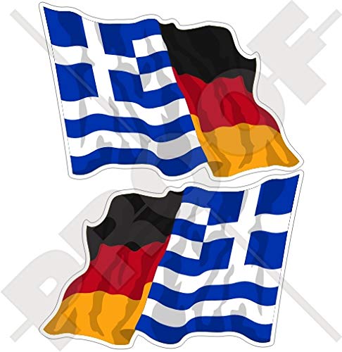 GRIECHENLAND-DEUTSCHLAND Griechisch-Deutsch Wehende Flagge 75mm Auto & Motorrad Aufkleber, x2 Vinyl Stickers (Links - Rechts) von StickersWorld