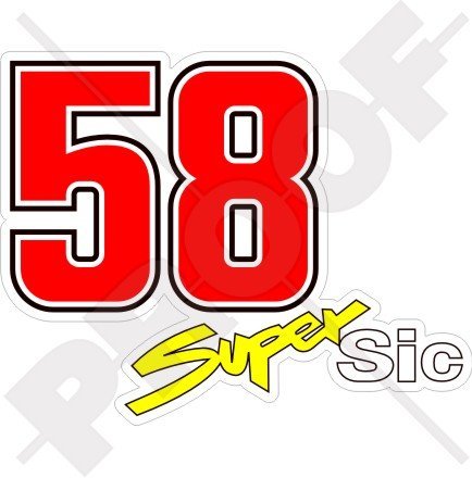 StickersWorld Super Sic Marco Simoncelli 58 Motorrad-Rennen Vinyl-Aufkleber, Transparent, Rot, 10 cm x 8 cm, Laminiert, Wiederverwendbar, Indoor/Outdoor, Wasserfest, Pop-Art/Sportlich, Aufkleber von StickersWorld
