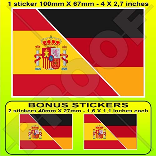 SPANIEN-DEUTSCHLAND Spanisch-Deutsch Flagge 100mm Auto & Motorrad Aufkleber, Vinyl Sticker x1+2 BONUS von StickersWorld