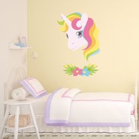 Hübsche Einhorn Kopf Und Blumen Wandaufkleber, Einhorn-Wand-Aufkleber, Regenbogen-Zimmer-Dekor, Zimmer Dekor von Stickerscape