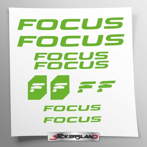 Aufkleber-Set kompatibel mit Rahmen MTB Mountainbike und Helm | Decals Aufkleber für Fahrrad mit Schriftzügen und Logos | Stickersland® - Focu (grün glänzend) von Stickersland