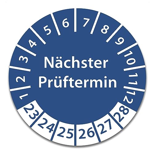 Prüfplakette DGUV V3 Nächster Prüftermin E-Check Elektro - 2023-2028 - Wasserfest/UV-Schutz - 30mm Plakette für Tritte Leitern Feuerlöscher Maschinen (Nächster Prüftermin - Blau, 250 Stk.) von Stickerworld24