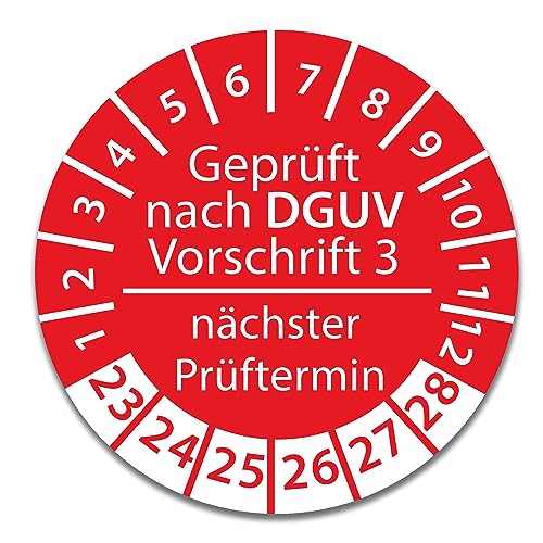 Prüfplakette DGUV V3 Nächster Prüftermin E-Check Elektro - 2023-2028 - Wasserfest/UV-Schutz - 30mm Plakette für Tritte Leitern Feuerlöscher Maschinen (Nächster Prüftermin - Rot, 250 Stk.) von Stickerworld24