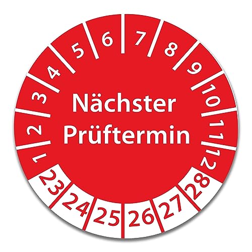 Prüfplakette DGUV V3 Nächster Prüftermin E-Check Elektro - 2023-2028 - Wasserfest/UV-Schutz - 30mm Plakette für Tritte Leitern Feuerlöscher Maschinen (Nächster Prüftermin - Rot, 500 Stk.) von Stickerworld24