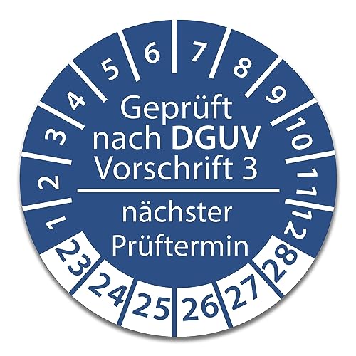 Prüfplakette DGUV V3 Nächster Prüftermin E-Check Elektro - 2023-2028 - Wasserfest/UV-Schutz - 30mm Plakette für Tritte Leitern Feuerlöscher Maschinen (DGUV V3 - Blau, 250 Stk.) von Stickerworld24