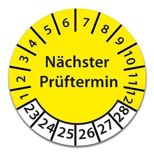 Prüfplakette DGUV V3 Nächster Prüftermin E-Check Elektro - 2023-2028 - Wasserfest/UV-Schutz - 30mm Plakette für Tritte Leitern Feuerlöscher Maschinen (Nächster Prüftermin - Gelb, 100 Stk.) von Stickerworld24