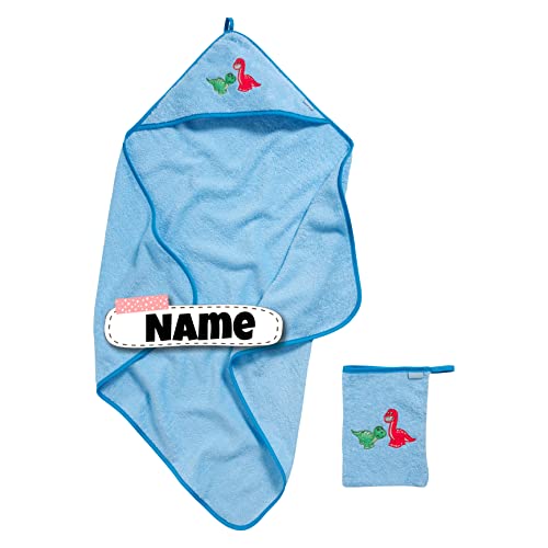 Baby Kapuzenhandtuch Set mit Baby Waschlappen | Baby Handtuch Kapuzenbadetuch personalisiert mit Name | Baby Badetuch Bestickt mit Namen | Baby Erstausstattung Dino von Stickling