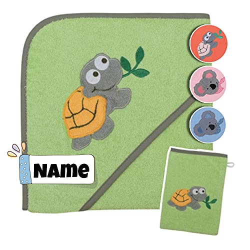 Baby Kapuzenhandtuch Set mit Waschlappen | 100% Bio Baumwolle | Baby Handtuch 80 x 80 cm Kapuzenbadetuch | personalisiert mit Name | Baby Badetuch Bestickt mit Namen (Schildkröte Opalgrün) von Stickling