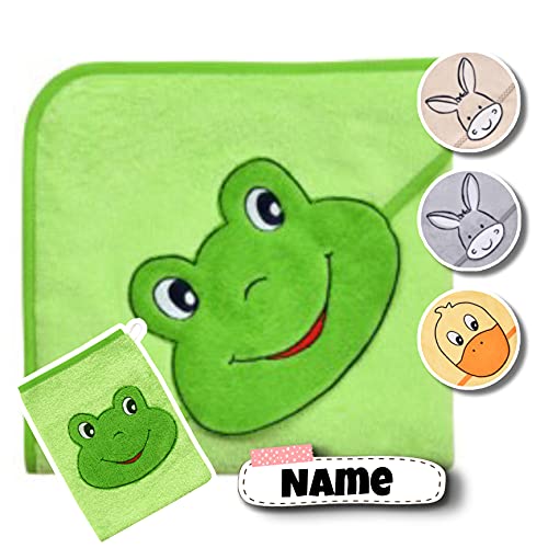 Stickling Baby Kapuzenhandtuch Set mit Waschlappen | Baby Handtuch 80 x 80 cm Kapuzenbadetuch | personalisiert mit Name | Baby Badetuch Bestickt | Baby Erstausstattung | Jungen Mädchen (Frosch grün) von Stickling