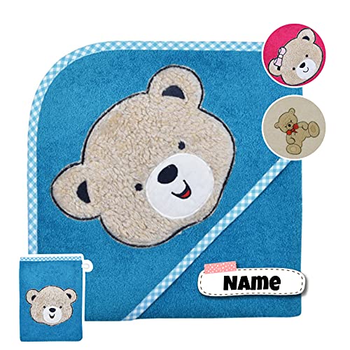 Baby Kapuzenhandtuch Set mit Waschlappen | Baby Handtuch 80 x 80 cm Kapuzenbadetuch | personalisiert mit Name | Baby Badetuch Bestickt mit Namen | Jungen Mädchen (Teddy Petrol) von Stickling