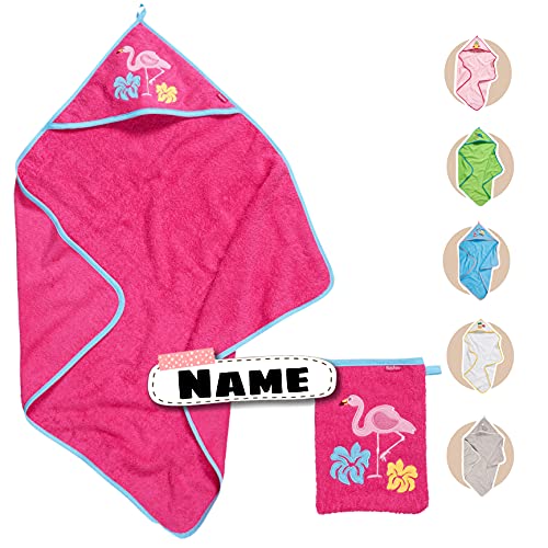 Baby Kapuzenhandtuch Set mit Waschlappen | Baby Handtuch Kapuzenbadetuch 75 x 75 cm | personalisiert mit Name | Baby Badetuch Bestickt mit Namen | Jungen Mädchen (Pink Flamingo) von Stickling