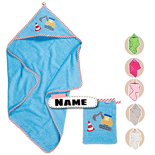 Baby Kapuzenhandtuch Set mit Waschlappen | Baby Handtuch Kapuzenbadetuch | personalisiert mit Name | Baby Badetuch Bestickt mit Namen | Jungen Mädchen (hellblauer Bagger) von Stickling