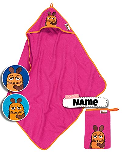 DIE Maus Baby Kapuzenhandtuch Set mit Waschlappen | Baby Handtuch Kapuzenbadetuch | personalisiert mit Name | Baby Badetuch Bestickt mit Namen | Jungen Mädchen (Pinke Maus) von Stickling