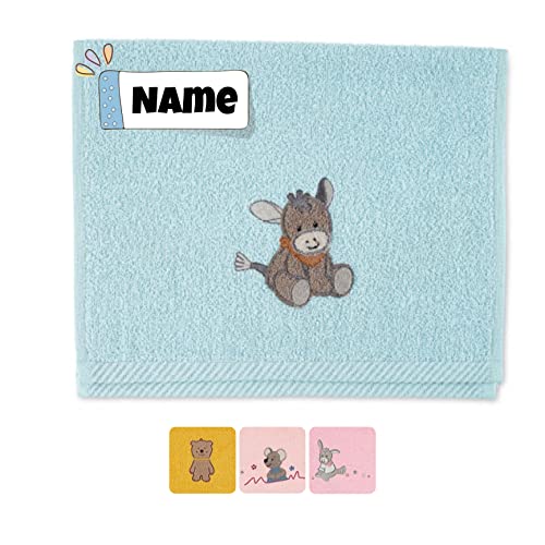 Sterntaler Seiftuch | Baby Sterntaler Handtuch personalisiert | 30 x 50 cm | Kinderhandtuch mit Name | Babyhandtuch mit Namen | Bestickt mit Name | Baby Erstausstattung (Emmi Esel hellblau) von Stickling