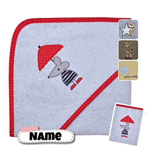 Stickling Kapuzenhandtuch Baby mit Waschlappen Set | Baby Badetuch 80 x 80 cm Kapuzenbadetuch | personalisiert mit Name | Baby Handtuch mit Kapuze Bestickt | Baby Erstausstattung (Maus grau) von Stickling