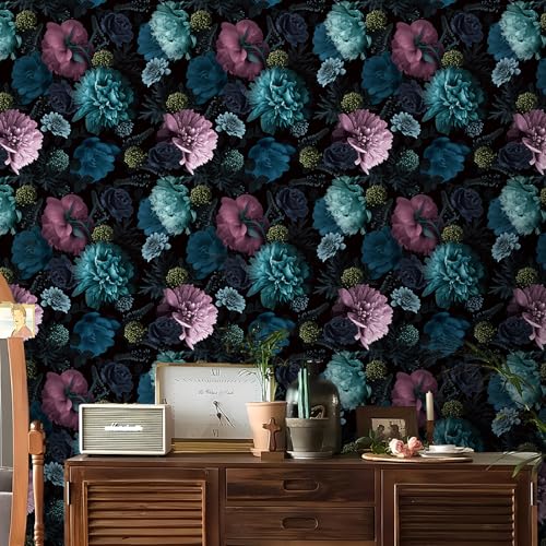 Stickyart Tapete Selbstklebend Blumentapete Retro Blau&Lila 44.5cmX700cm Klebefolie Möbel Möbelfolie Selbstklebende Deko Folie Tapete Schlafzimmer Vintage Wanddeko Wandtapete Wohnzimmer Schlafzimmer von Stickyart