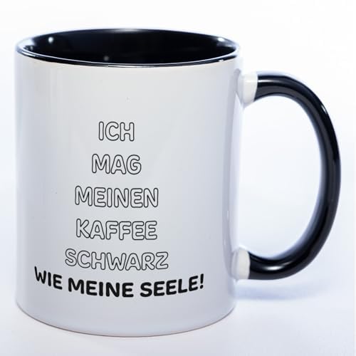 Stickyworld Exclusive Kaffeetasse Ich mag meinen Kaffee schwarz wie meine Seele Keramik 330 ml (schwarz) von Stickyworld