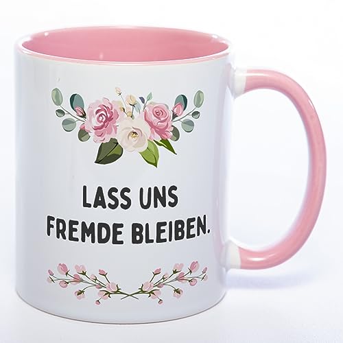 Stickyworld Kaffeetasse Lass und Fremde bleiben - Sprüchetasse 330 ml Keramik (pink) von Stickyworld