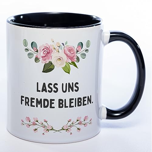 Stickyworld Kaffeetasse Lass und Fremde bleiben - Sprüchetasse 330 ml Keramik (schwarz) von Stickyworld