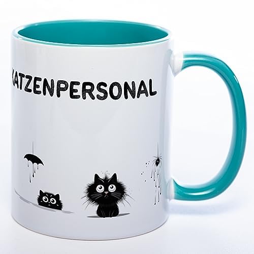 Stickyworld Kaffeetasse mit Katzenmotiv Trinknapf für Katzenpersonal 330ml Keramik (petrol) von Stickyworld