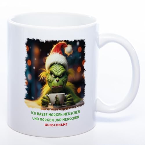 Stickyworld exclusive Grinch Weihnachtstasse Ich hasse Morgen Menschen - lustige Kaffetasse - spülmaschinenfest 330 ml Keramik (weiß) von Stickyworld