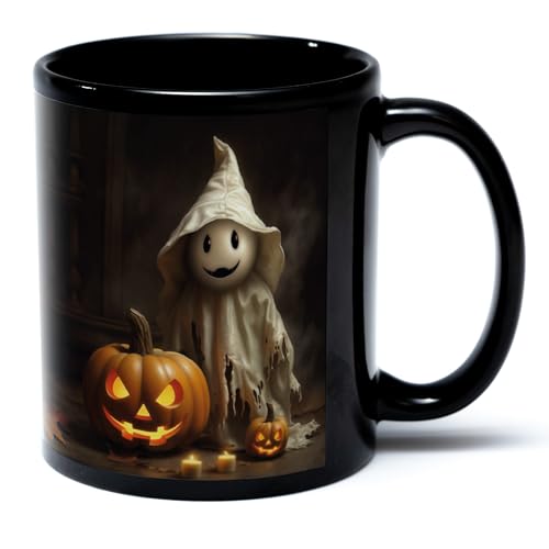 Stickyworld exclusive Halloween Kaffeetasse 330 ml Keramik (Gespenst, 2 Kürbisse) von Stickyworld