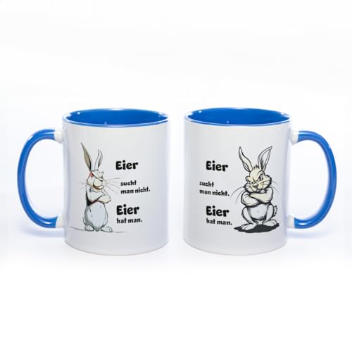 Stickyworld exclusive Motiv - Tasse mit Spruch: Eier sucht man nicht, Eier hat man - 330 ml Keramik (blau) von Stickyworld