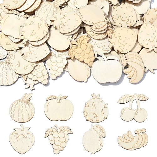 Steisy 100 Stück Holz Obst Handwerk unlackierte Holzausschnitte Wassermelone Apfel Kirsche Erdbeere Traube Zitrone Banane DIY Holz Bastelbedarf für Party Dekoration Supplies Gastgeschenke Geschenk von Stiesy