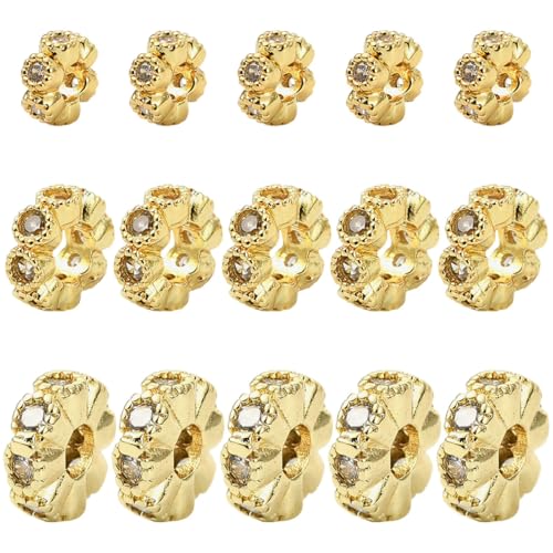 Stiesy 15 Stück 18 Karat vergoldete Zirkonia-Wellen-Abstandshalter-Perlen 4,5 ~ 8 mm, Blumen- und runde Formen, Bastelperlen für Premium-DIY-Halsketten, Ohrringe, Schmuckherstellung von Stiesy