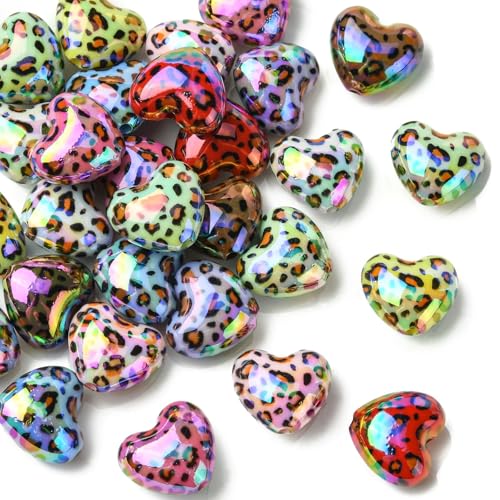 Stiesy 30 Stück UV-beschichtete Leoparden-Herz-Perlen in Regenbogenfarben, schillerndes Acryl, Schmuckperlen für DIY-Armbänder, Halsketten, Kawaii-Handwerk von Stiesy