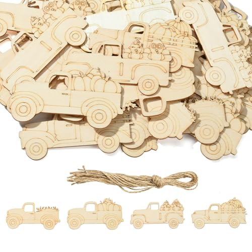 Stiesy 32 Stück Thanksgiving unlackierte Holzausschnitte Herbst LKW Kürbis blanko Holzanhänger Kit mit Jutekordel LKW-Form Holz hängende Ornament für DIY Handwerk Herbst Party Dekoration von Stiesy